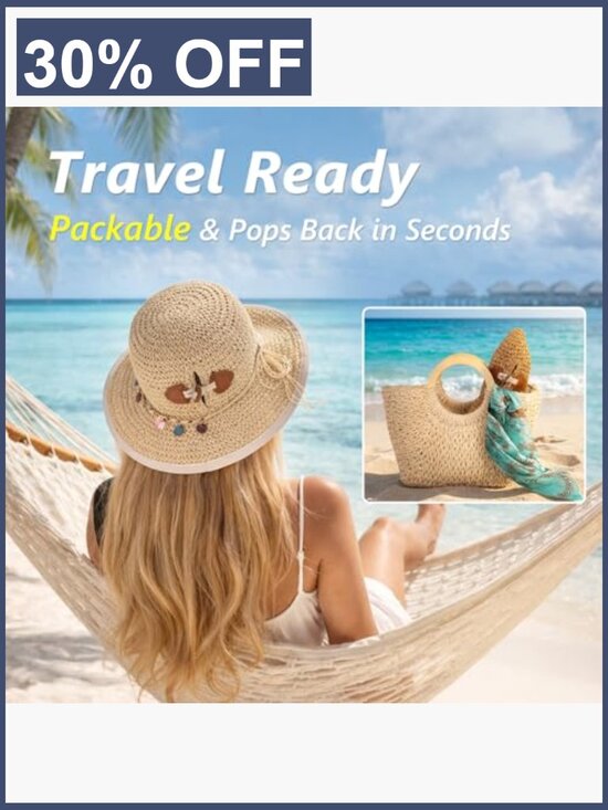 UPF50+ Wide Brim Straw Sun Hat with Ponytail Opening & Chin Strap main image 6